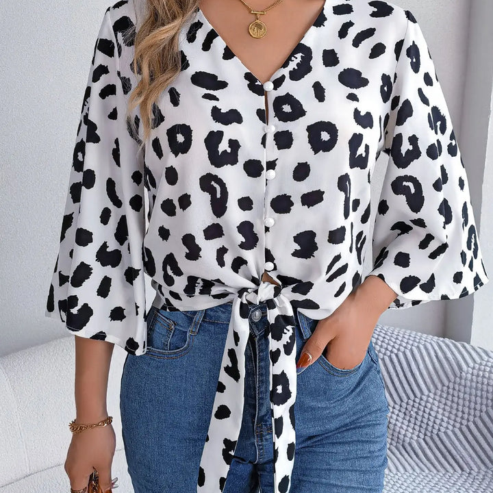 Casual V Neck 3/4 Sleeve Button Front Leopard Print Blouse, Women's Clothing