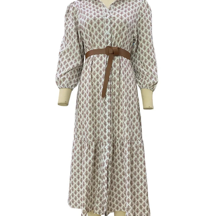 Autumn And Winter New Fashion Belt Printed V-neck Simple Temperament Long Dress