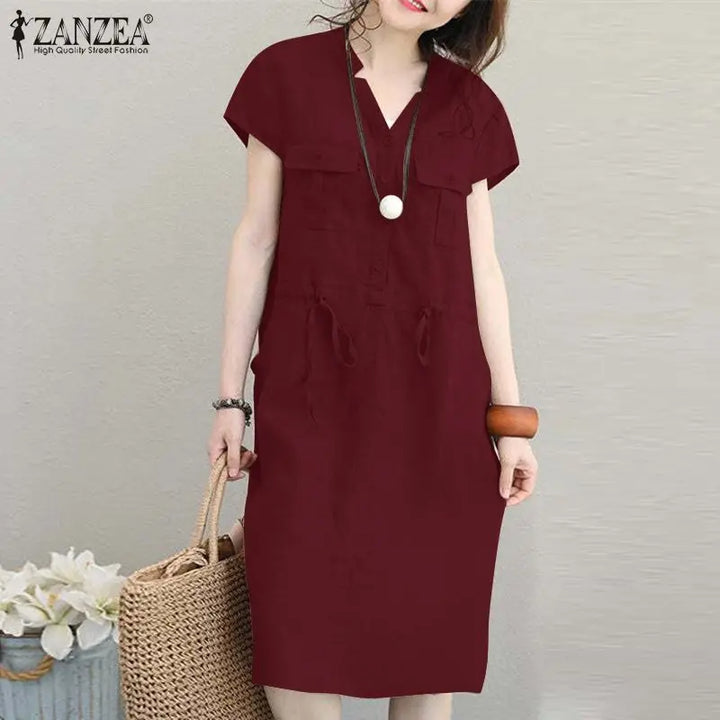 ZANZEA Summer V-Neck Dress - Short Sleeve Drawstring Waist Knee-Length Sundress