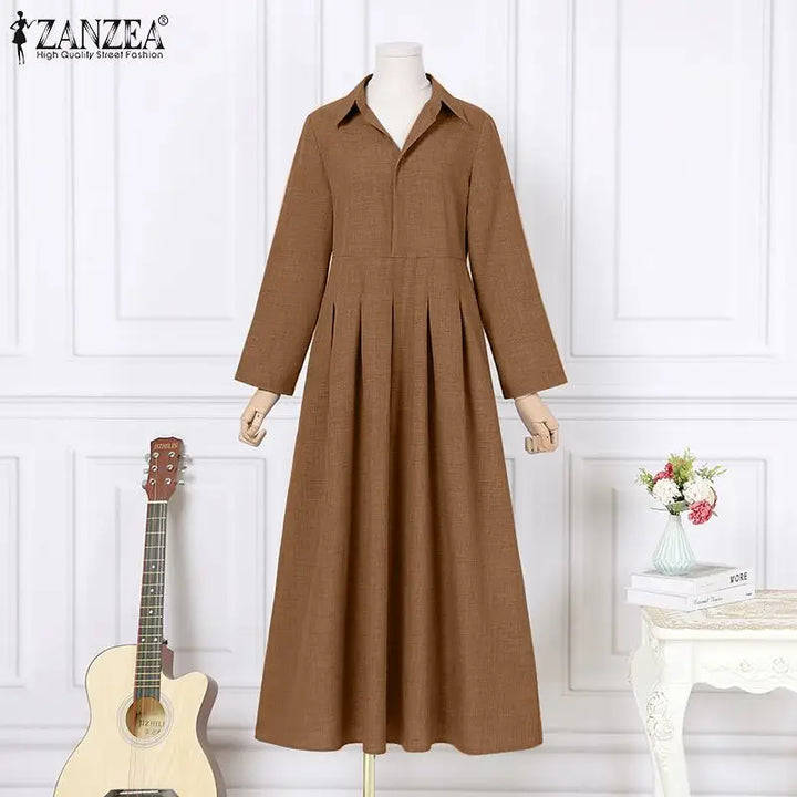 ZANZEA Spring Office Maxi Dress - Casual Oversized Lapel A-line Long Sleeve Dress