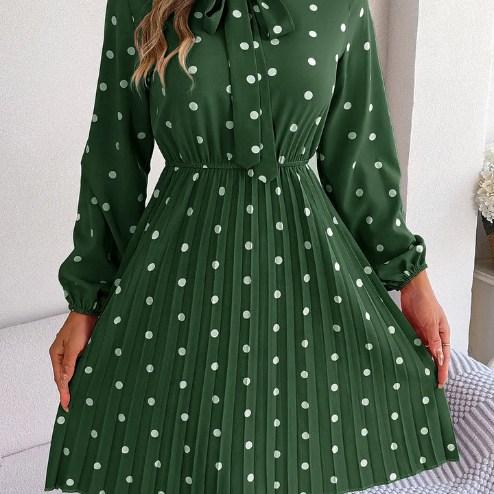 Casual Tie-neck Polka-dot Print Cinched Waist Pleat Dress For Women