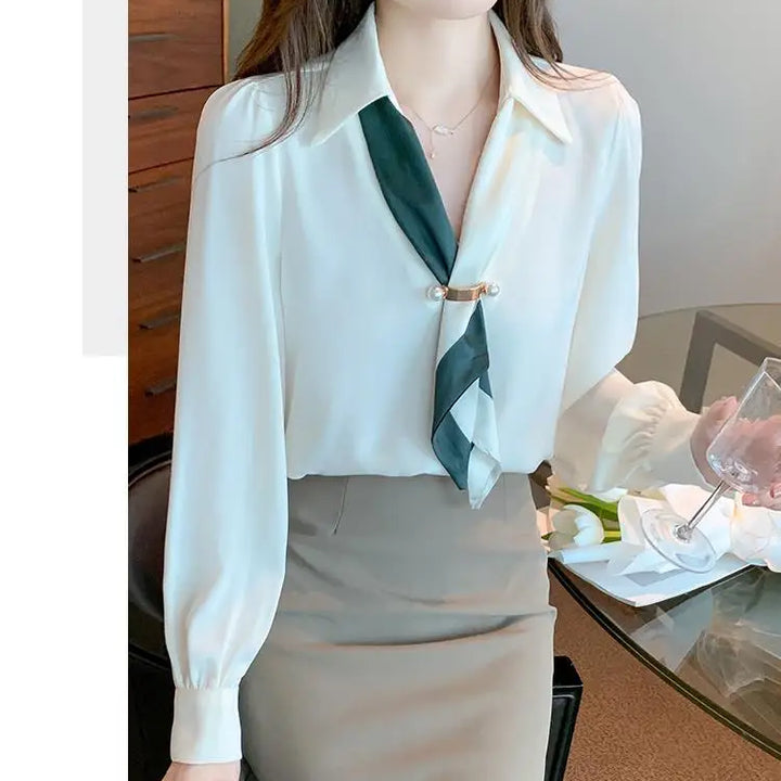 Women’s Bow Tie Blouse - Elegant Korean Fashion V-Neck Long Sleeve Office Top