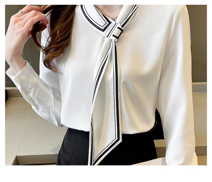 White Chiffon Blouse - Elegant Scarf Collar Long Sleeve Office Top