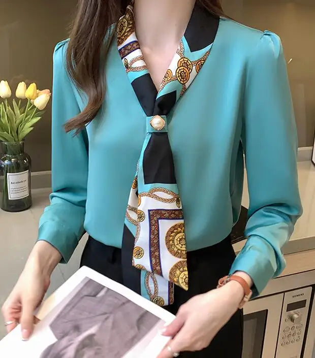 Spring Chiffon Blouse - Bow Long Sleeve Office Lady Casual Top