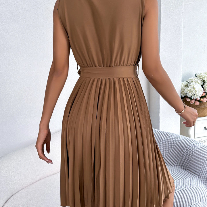 Casual V Neck Solid Sleeveless Versatile Pleated Dress, Women's Clothing