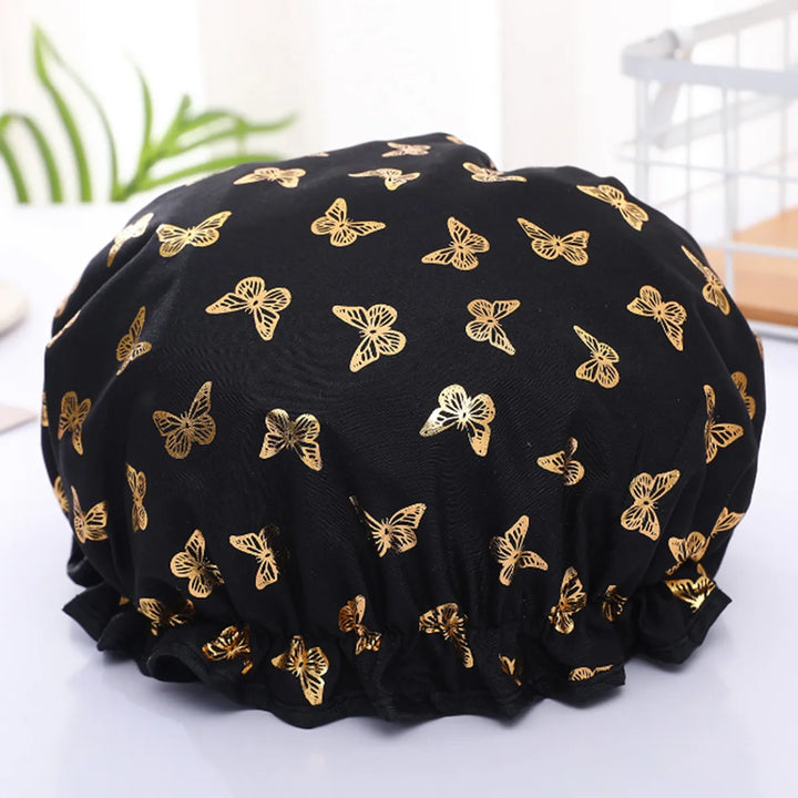 Double Shower Cap Waterproof Hair Cap Hot Gold Printed Terylene Cotton Shower Cap Bathing Women