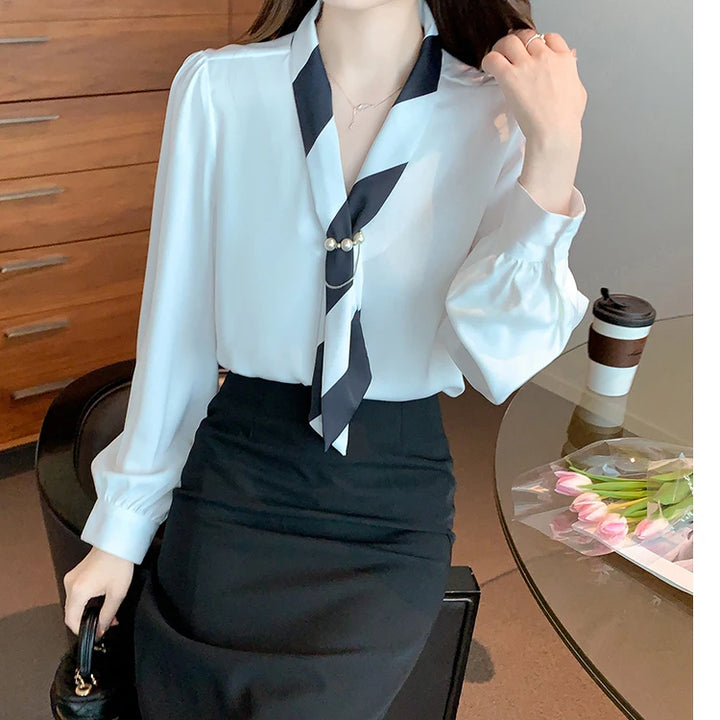 Chiffon Blouse for Women - Elegant Lace-Up V-Neck Long Sleeve Office Top