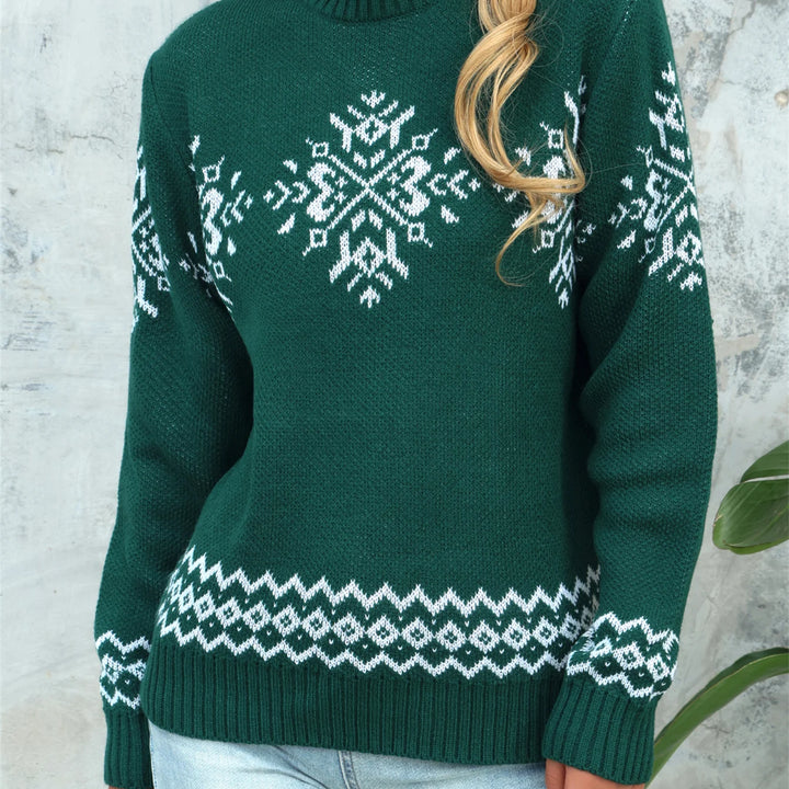 Elegant High Neck Snowflake Jacquard Knitted Pullover - Women's Woolen Long Sleeve