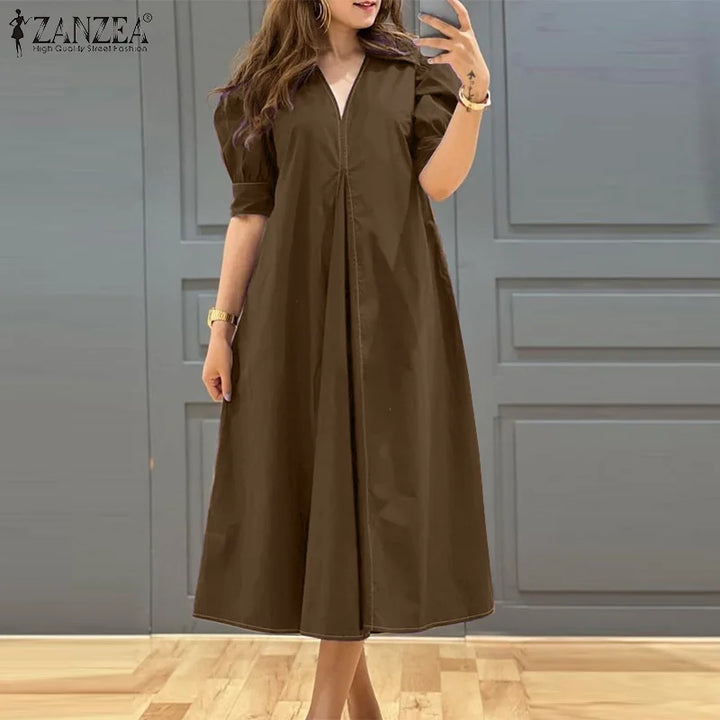 ZANZEA V-neck Pleated Midi Dress with puff sleeves, loose fit