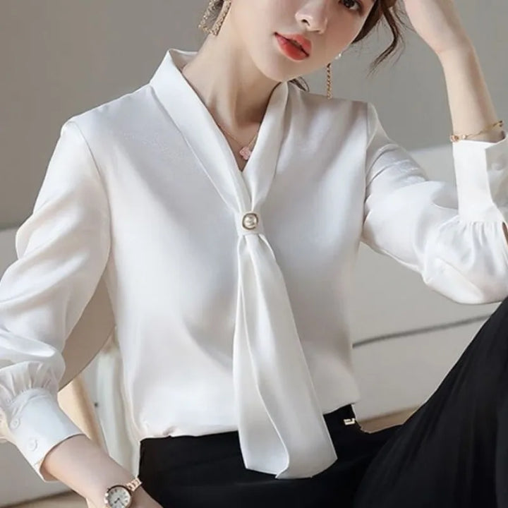 Women's Spring Bow Tie Blouse - Casual Long Sleeve Shirt