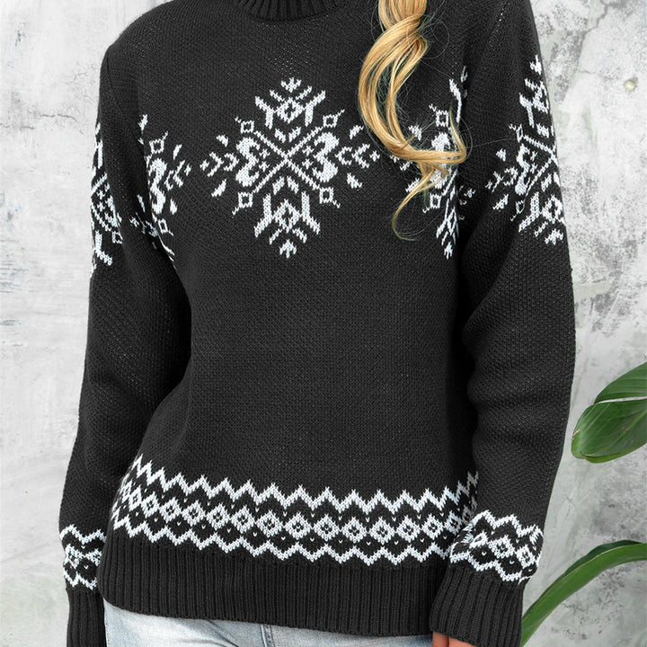 Elegant High Neck Snowflake Jacquard Knitted Pullover - Women's Woolen Long Sleeve