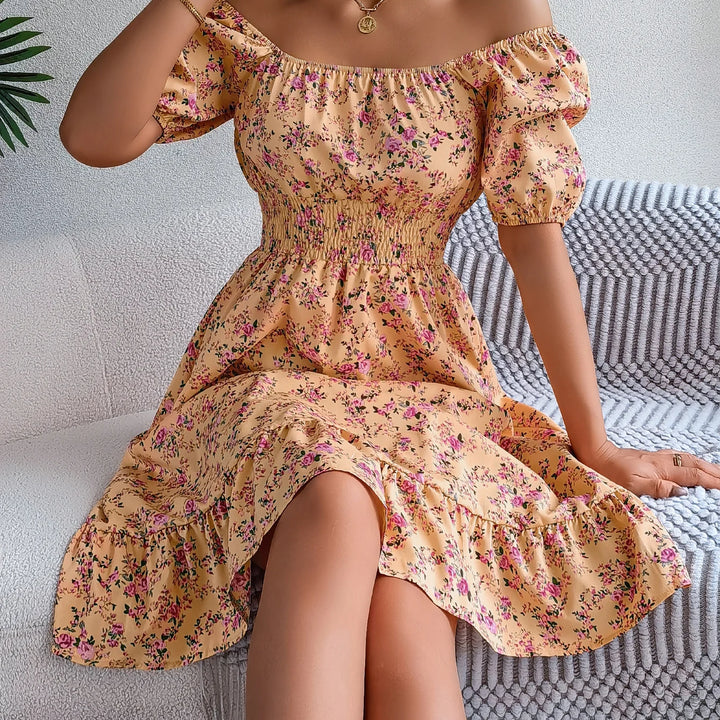 Casual Square Neck Shirred Waist Floral Print Short Sleeve Ruffle Hem Dress For Summer