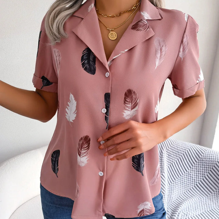 Spring Summer Casual Notched Collar Button Front Feather Printed Short Sleeved Shirt Women Blouse