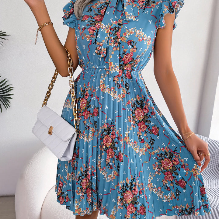 Casual Floral Print Ruffle Trim Slim Waist Pleated Dress