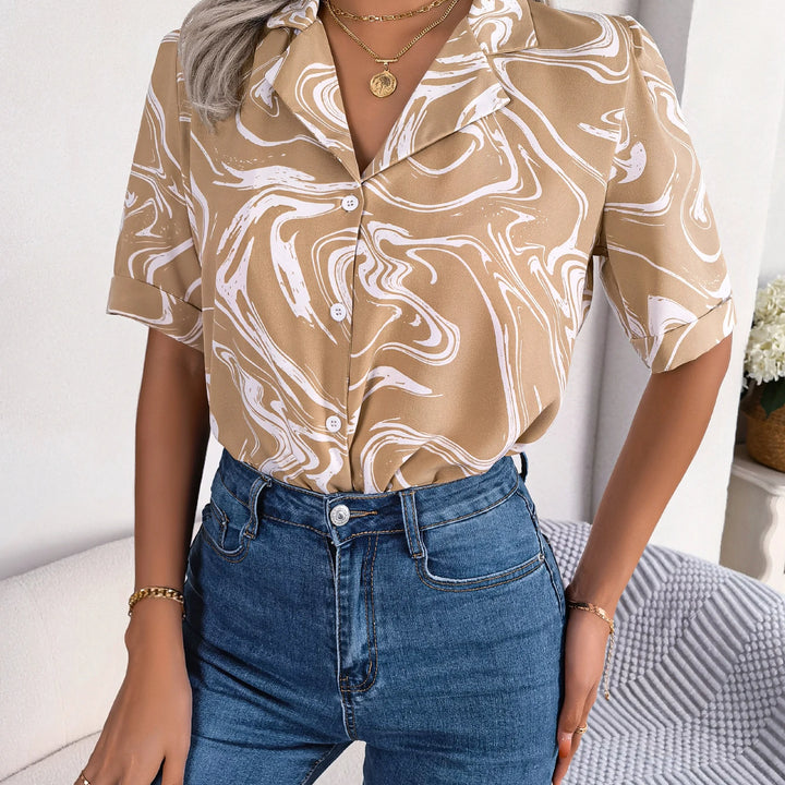 New Casual Lapel Button Front Ripple Print Short Sleeve Shirt For Summer Women's Clothing