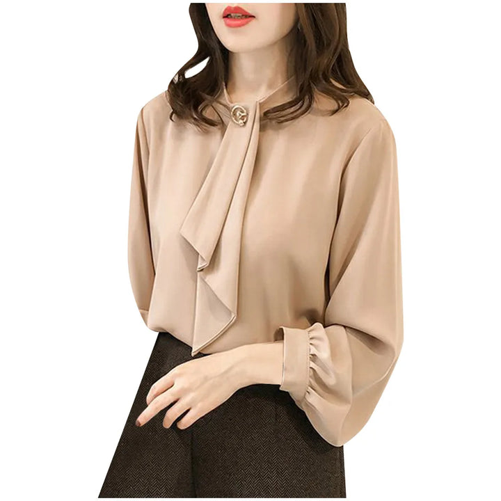 Elegant Lantern Sleeve Blouse - Round Neck Chiffon Office Lady Top