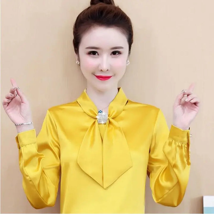 Spring & Summer Satin Shirt - Korean Fashion Bow V-Neck Long Sleeve Top