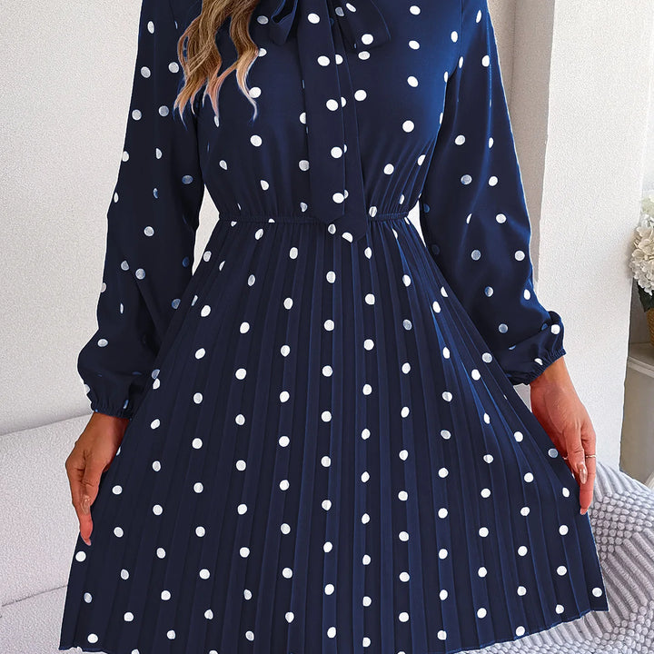 Casual Tie-neck Polka-dot Print Cinched Waist Pleat Dress For Women