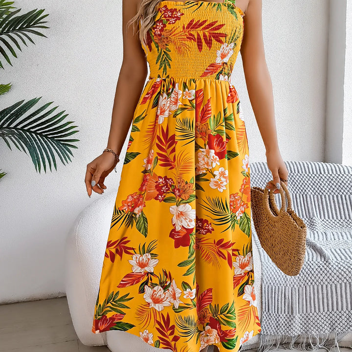 Elegant Square Neck Floral Dress - Waist-Tied Summer Vacation Outfit