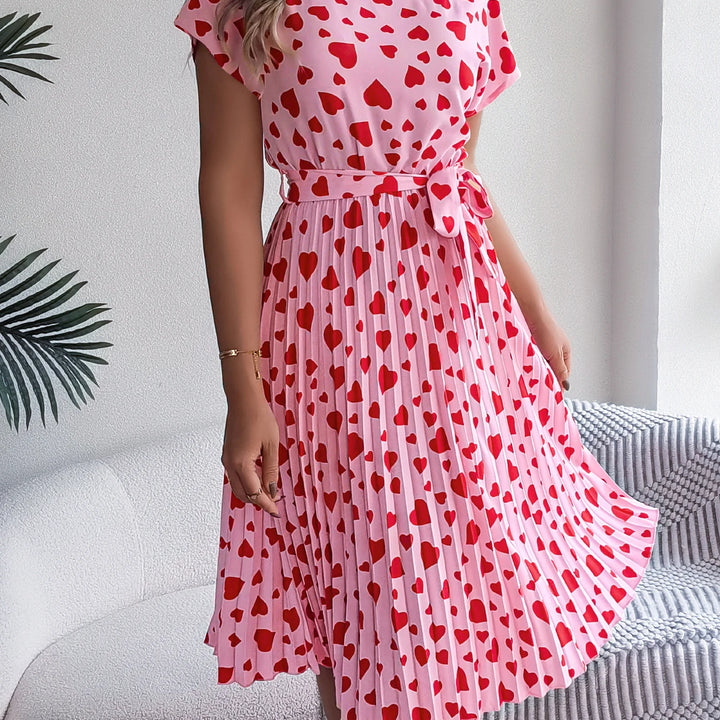 Spring Summer Elegant Love Print Dress Short Sleeve Folded Dresses