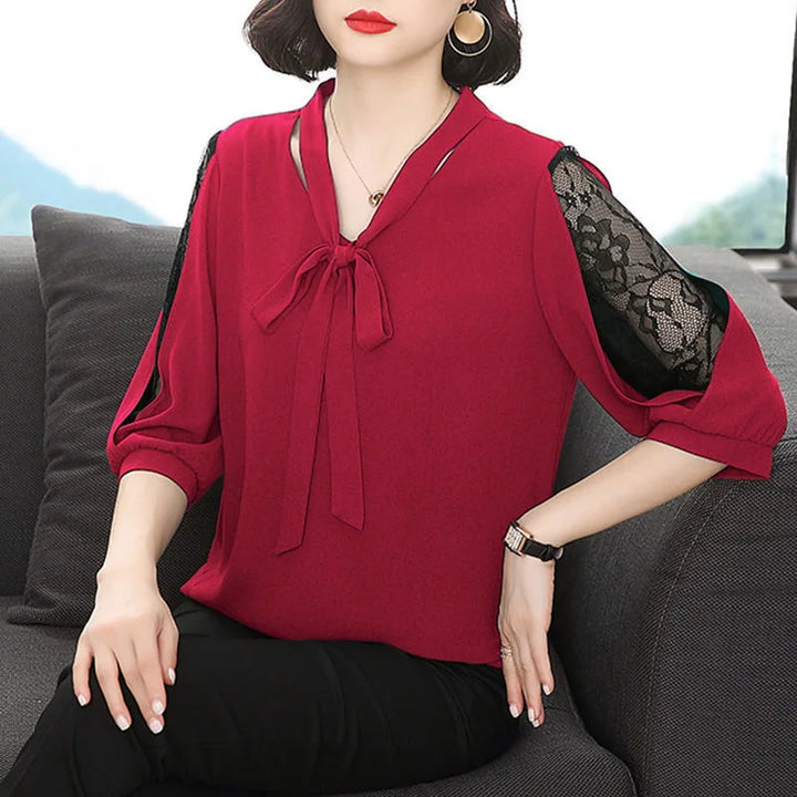 Women’s Spring Summer Blouse - Casual Bow Tie Collar Lace Sleeve Top