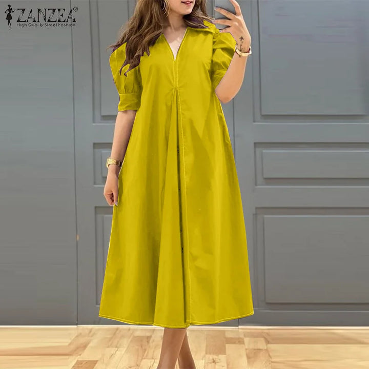 ZANZEA V-neck Pleated Midi Dress with puff sleeves, loose fit