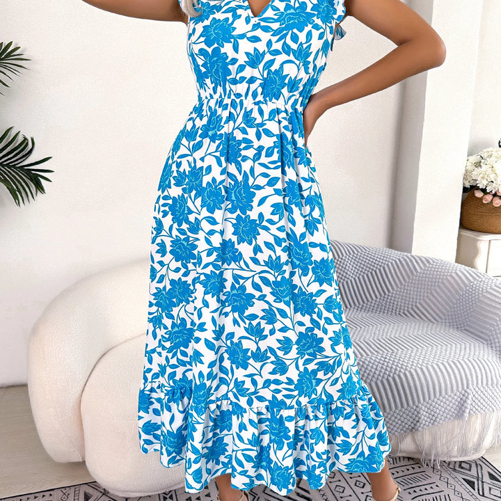 Casual V Neck Floral Print Ruffle Hem Dress