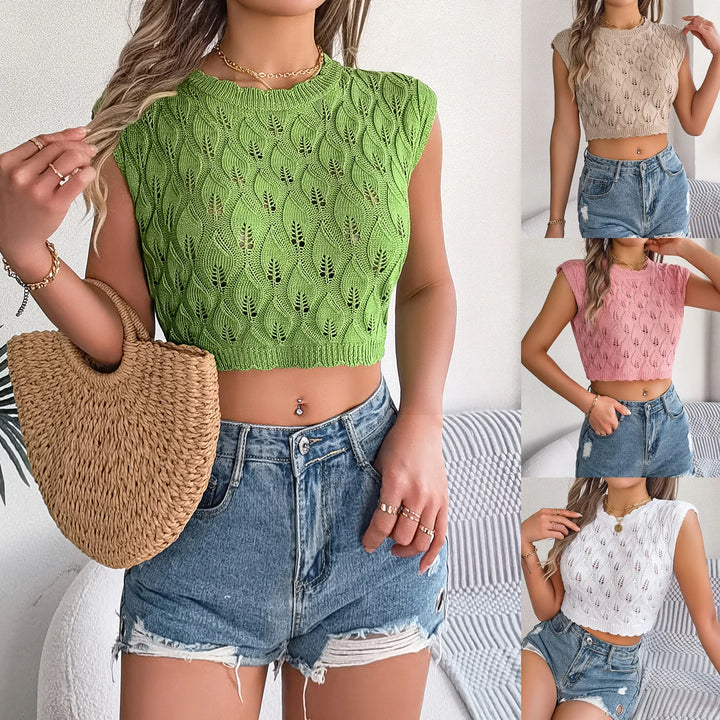 Casual O-Neck Leaf Hollow Out Sleeveless Solid Knitted Tops for Summer Women Vacation Vest