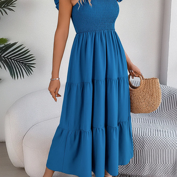 Solid Square Neck Dress - Elegant Waist-Tied Long Dress