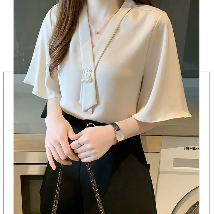 Short Sleeve V-neck Chiffon Blouse - Breathable Slim Elegant Summer Office Top