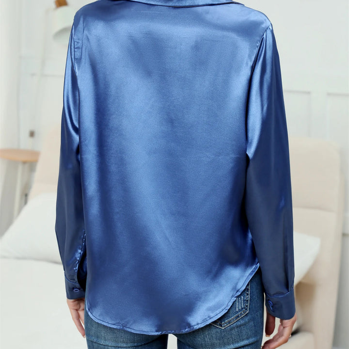 Casual Suit Collar Button Front Long sleeved Solid Color Satin Shirt For Women Blouse