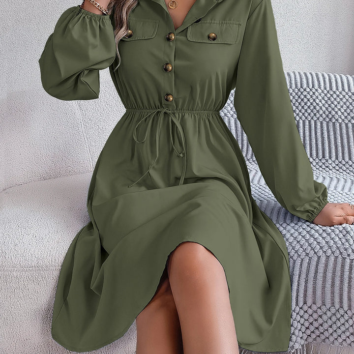 Elegant Button Front Lantern Sleeve Dress - Cinched Waist