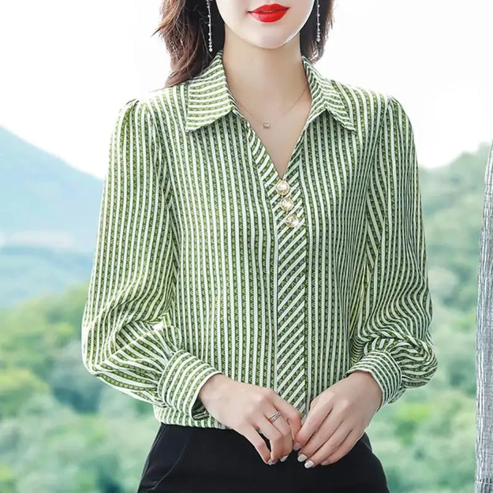 Striped Print Fashion Blouse - Elegant Office Lady Long Sleeve Shirt