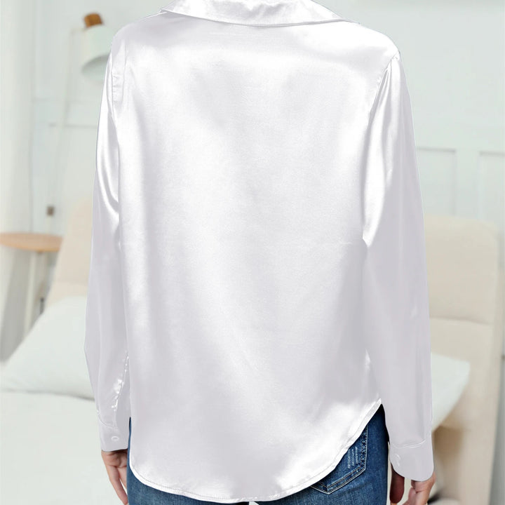 Casual Suit Collar Button Front Long sleeved Solid Color Satin Shirt For Women Blouse