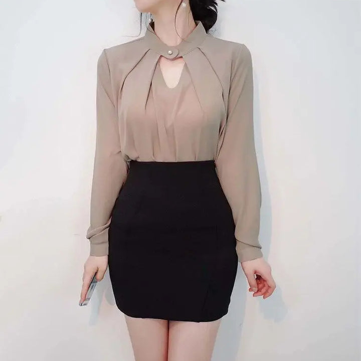 olid Chiffon Blouse - Slim Long Sleeve Hollow Sexy Spring Summer Top