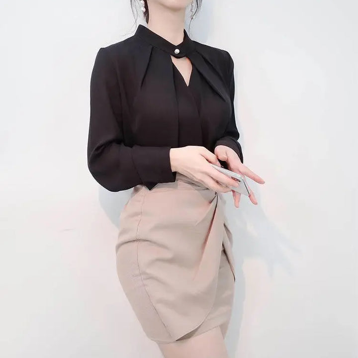 olid Chiffon Blouse - Slim Long Sleeve Hollow Sexy Spring Summer Top