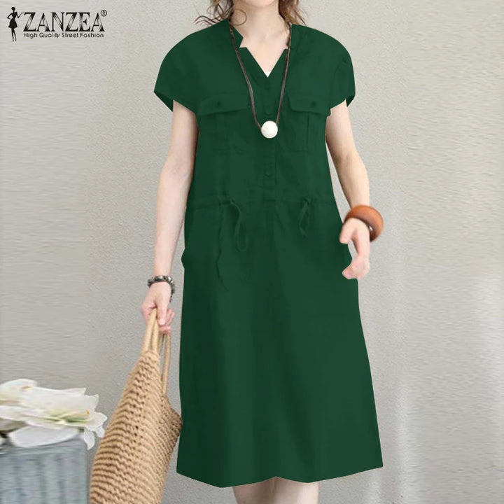 ZANZEA Summer V-Neck Dress - Short Sleeve Drawstring Waist Knee-Length Sundress