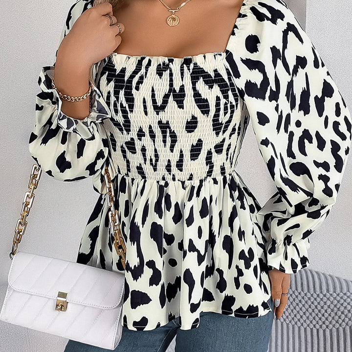 Casual Allover Print Square Neck Shirred Ruffle Hem Blouse