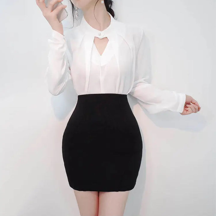 olid Chiffon Blouse - Slim Long Sleeve Hollow Sexy Spring Summer Top