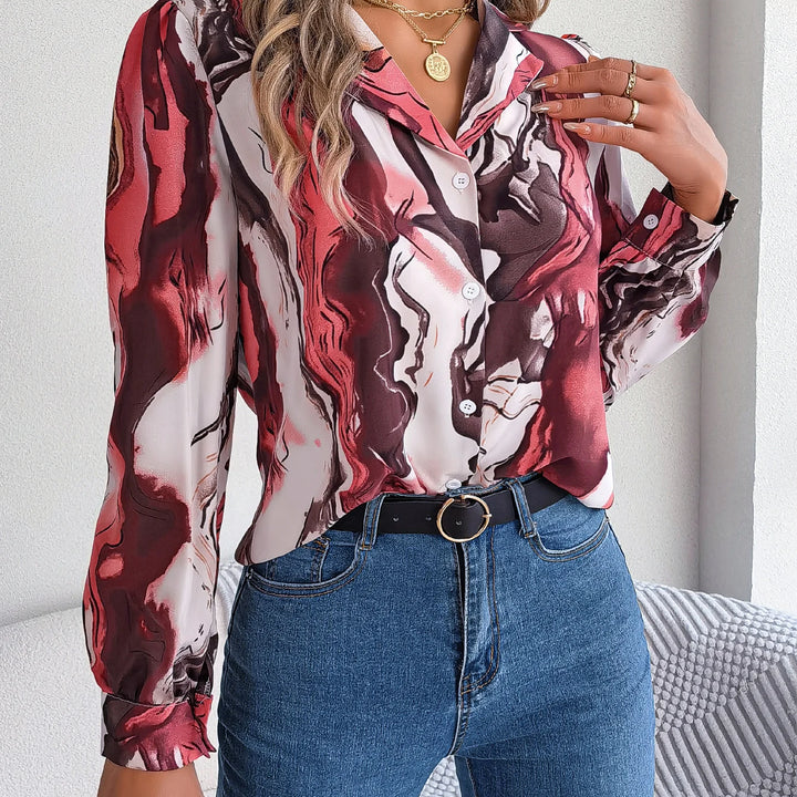 Casual All Over Print Notch Collar Button Long Sleeve Shirt