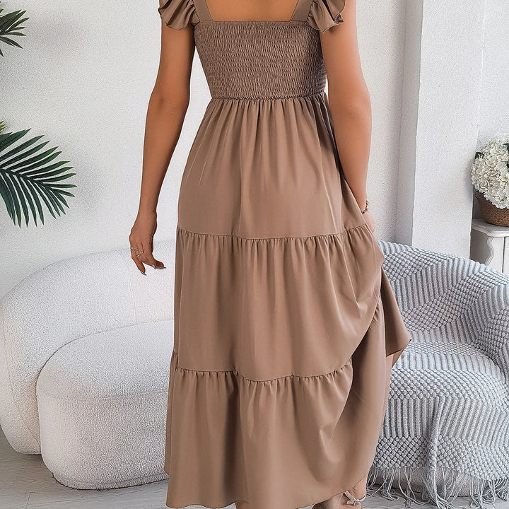 Solid Square Neck Dress - Elegant Waist-Tied Long Dress