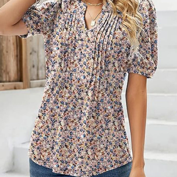 Women's V-Neck Tunic - Puff Sleeve Pleated Casual Summer Blouse