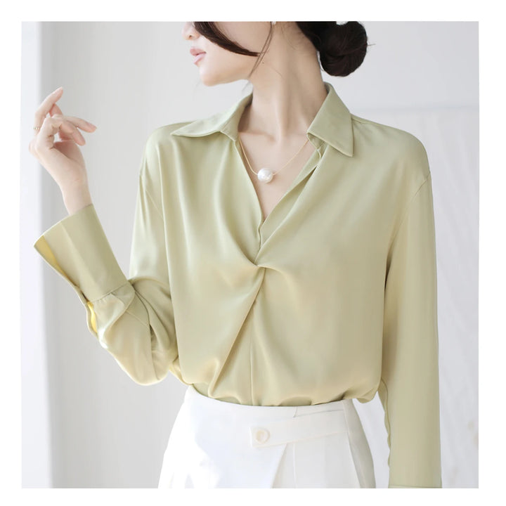 Autumn Casual Turn-Down Collar Blouse - Off-White Chiffon Long Sleeve Shirt