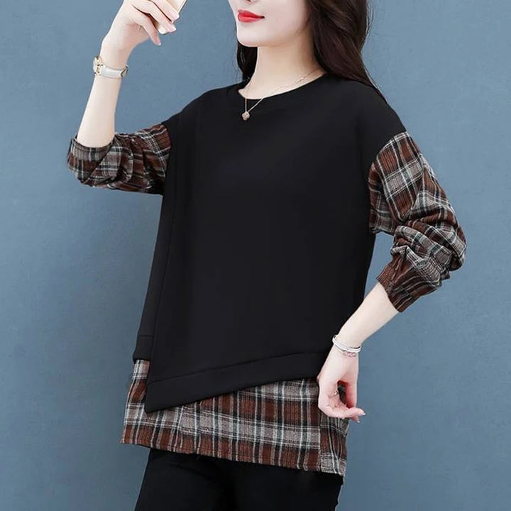 Autumn Plaid Sweatshirt - Casual Round Neck Long Sleeve Patchwork Top