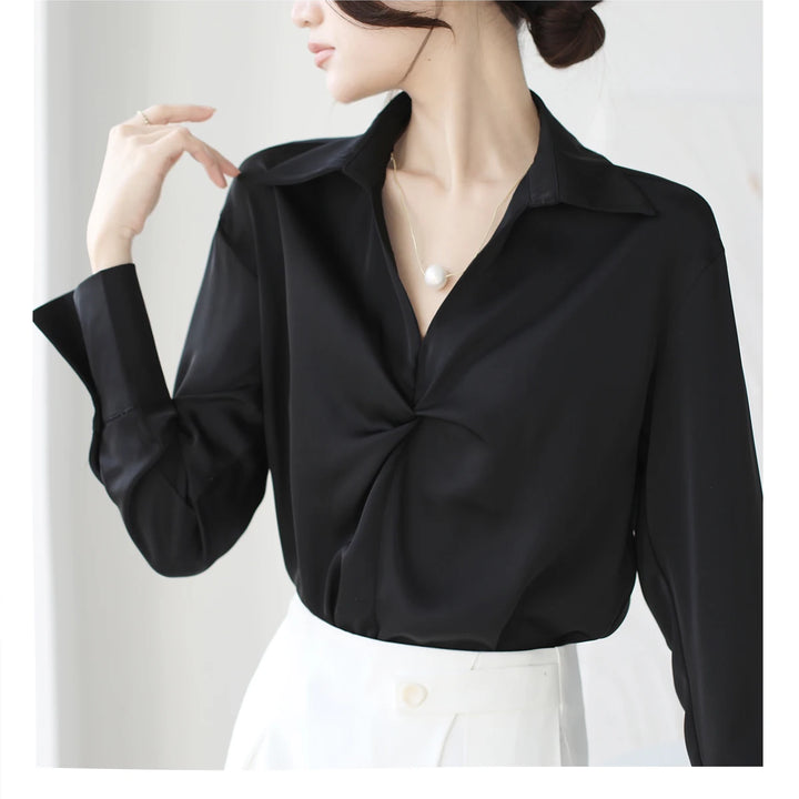 Autumn Casual Turn-Down Collar Blouse - Off-White Chiffon Long Sleeve Shirt