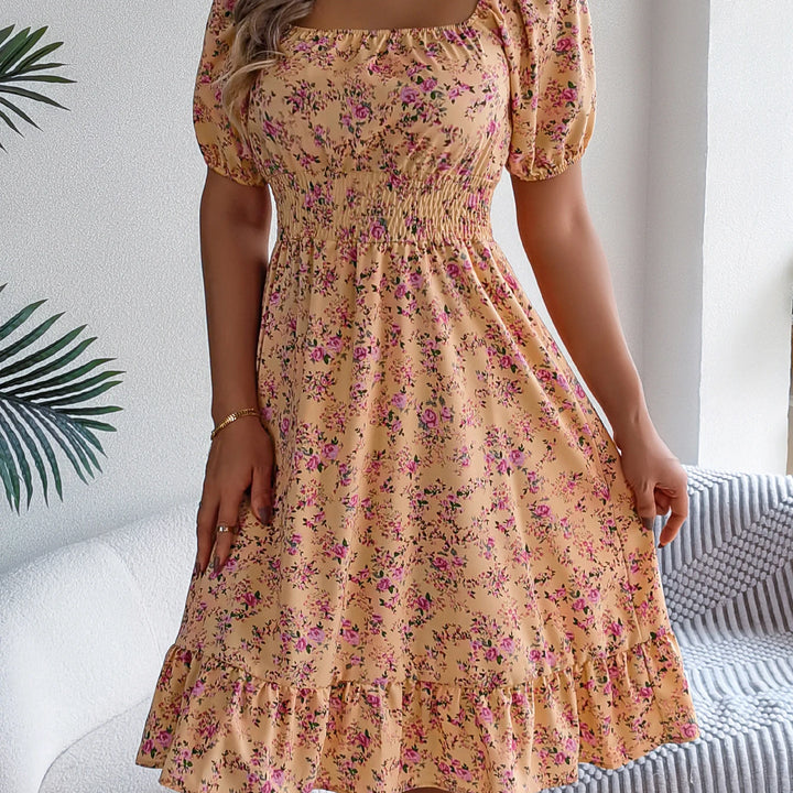 Casual Square Neck Shirred Waist Floral Print Short Sleeve Ruffle Hem Dress For Summer