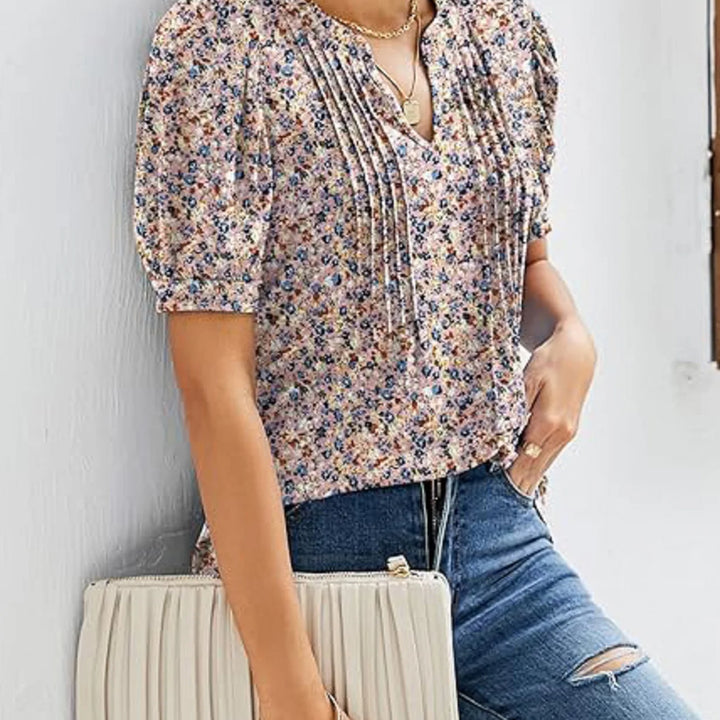 Women's V-Neck Tunic - Puff Sleeve Pleated Casual Summer Blouse