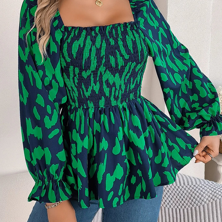 Casual Allover Print Square Neck Shirred Ruffle Hem Blouse