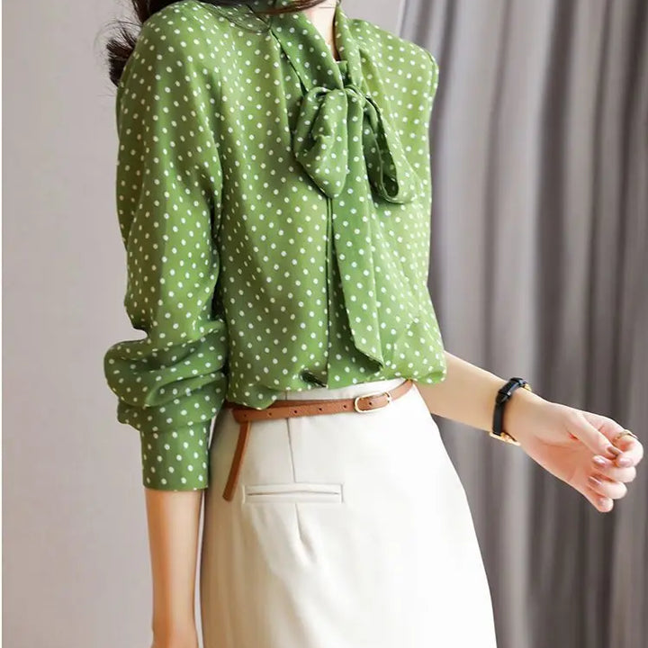 Spring Autumn Shawl Collar Blouse - Bow Polka Dot Long Sleeve Cardigan