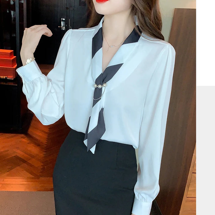 Chiffon Blouse for Women - Elegant Lace-Up V-Neck Long Sleeve Office Top